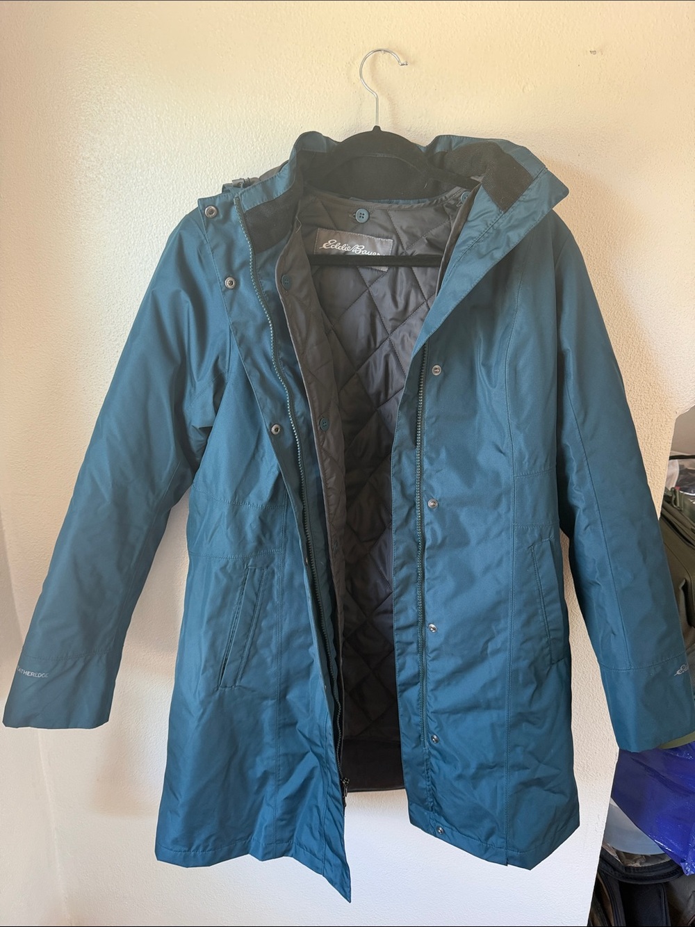 Eddie Bauer Teal Hooded Quilted-Lined Raincoat